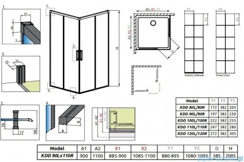 Radaway Idea Black Kdd Factory kabina prysznicowa 90x110cm czarny mat/szkło przejrzyste 387060-54-55L/387063-54-55R