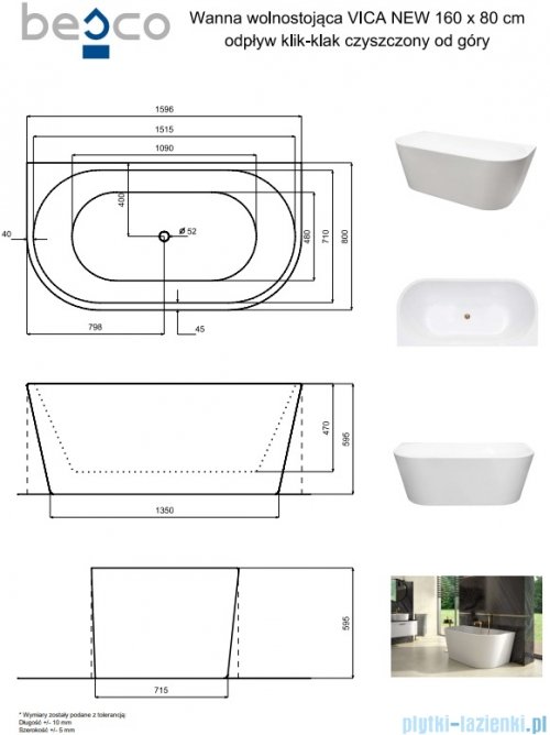 Besco Vica New wanna 160x80cm wolnostojąca przyścienna z odpływem klik-klak biały #WAS-160VNBO