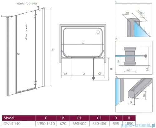 Radaway Torrenta Dwjs drzwi wnękowe 140 prawe szkło przejrzyste 320612-01-01R/320343-01-01