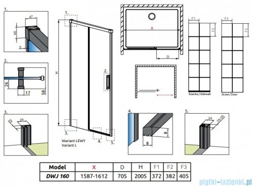 Radaway Idea Black Dwj Factory Drzwi wnękowe 160cm lewe czarny mat/szkło przejrzyste 387020-54-55L