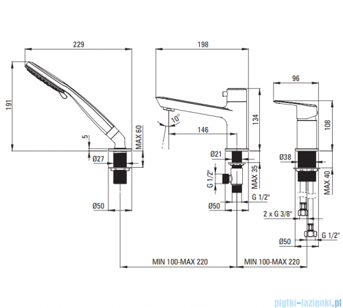 Deante ARNIKA Bateria wannowa 3-otworowa titanium BQA_D13M