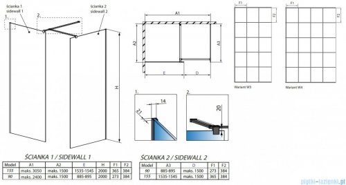 Radaway Modo New Black III kabina Walk-in 155x90x200 Factory rysunek techniczny