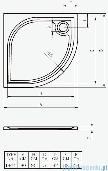 Riho Brodzik półokrągły Kolping 90x90x3 DB14 + nóżki + syfon