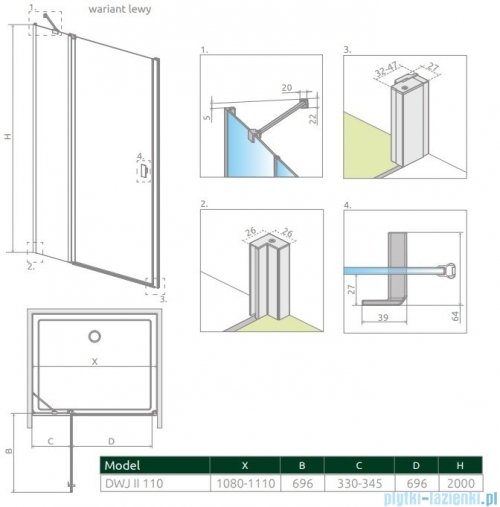 Radaway Nes Black Dwj II drzwi wnękowe 110cm lewe czarny mat/szkło przejrzyste 10036110-54-01L