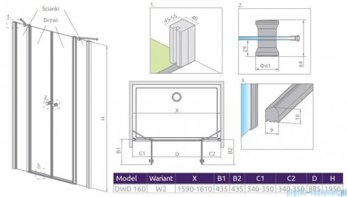 Radaway Eos II Dwd drzwi prysznicowe 160x195 W2 szkło przejrzyste 3799930-01-01/3799670-01-01