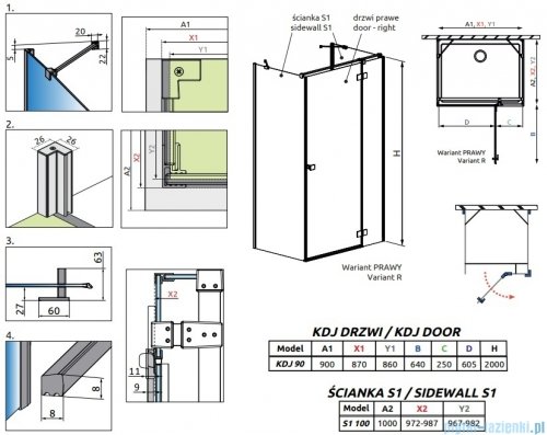 Radaway Essenza Brushed Nickel Kdj+S kabina 100x90x100cm prawa szczotkowany nikiel 1384052-01-01/1385020-91-01R/1384052-01-01