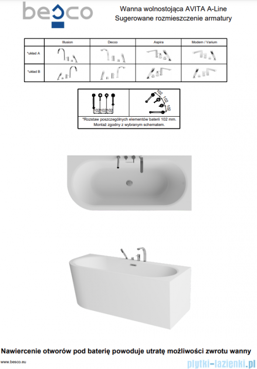 Besco Avita A-line 170x75cm wanna wolnostojąca przyścienna prawa akrylowa + syfon klik-klak biały z przelewem slim #WAA-170APBS