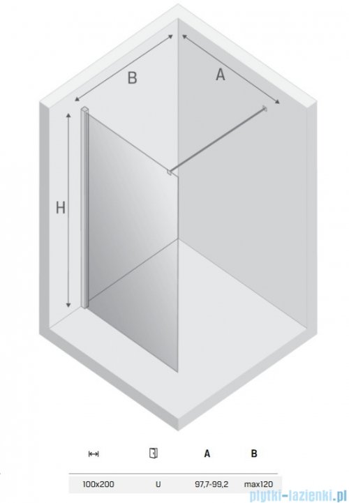New Trendy Nesta Gunmetal Brushed kabina Walk-In 100x200 cm grafit szczotkowany K-1757