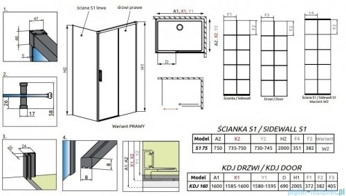 Radaway Idea Black Kdj Factory kabina prysznicowa 160x75 prawa czarny mat/szkło przejrzyste 387046-54-55R/387049-54-55L