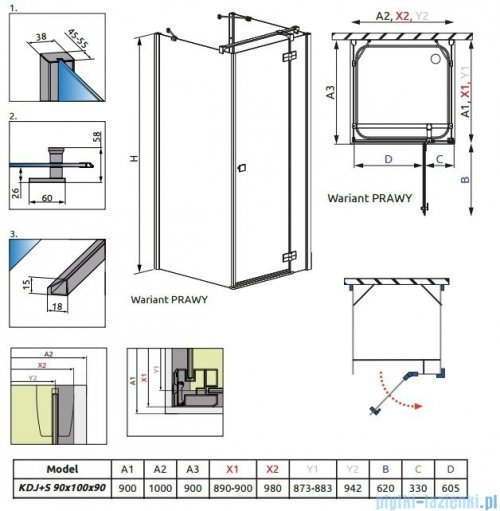 Radaway Kabina prysznicowa Almatea KDJ+S 90x100x90 prawa szkło przejrzyste + brodzik Doros D + syfon 31554-01-01R1/31554-01-01R2