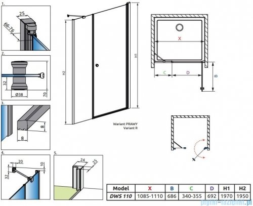 Radaway Eos DWS drzwi prysznicowe 110 prawe przejrzyste 137991-01-01R