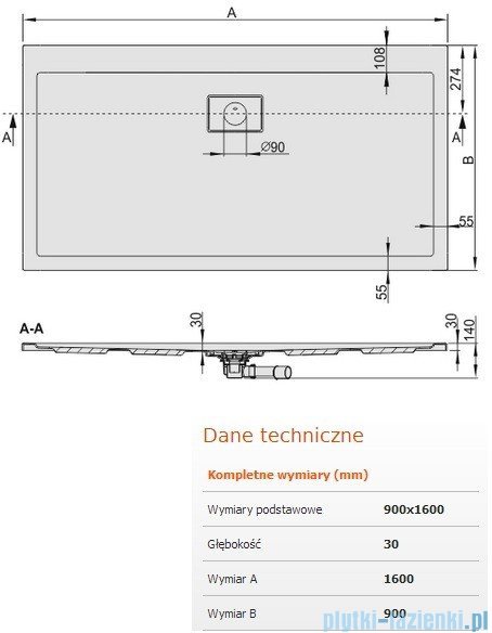 Sanplast Space Line brodzik prostokątny 160x90x3cm+syfon 615-110-0140-01-000