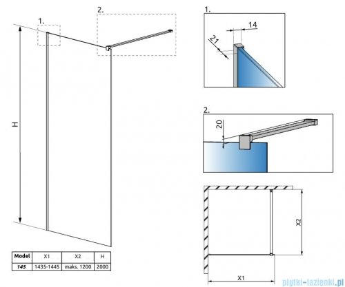 Radaway Modo New II Brushed GunMetal kabina Walk-in 145x200 szczotkowany grafit 389145-92-01