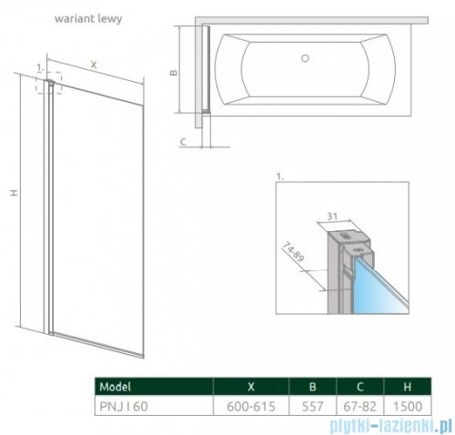 Radaway Nes 8 Black Pnj I Frame parawan nawannowy 60cm lewy czarny mat/szkło przejrzyste 10061060-54-56L