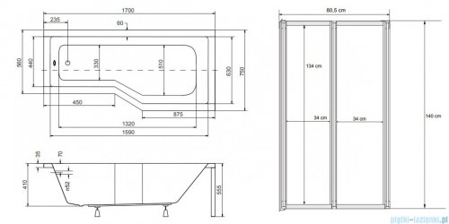 Besco Integra 170x75cm wanna prawa + parawan 2-skrz + obudowa + syfon #WAI-170-PP2/#OAI-170-NS/19975