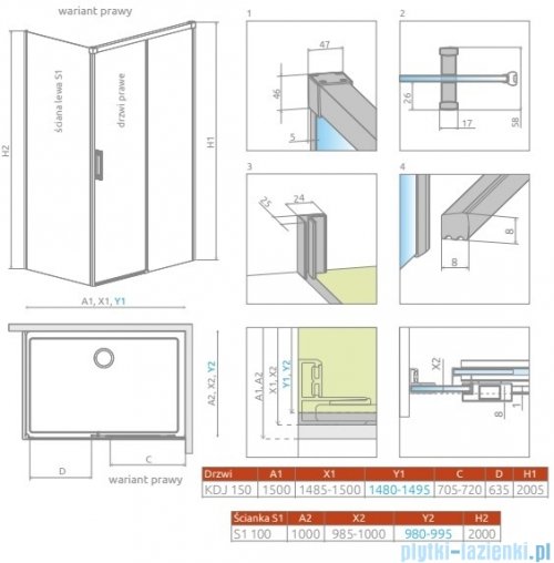 Radaway Idea Kdj Brushed Nickel kabina 150x100cm prawa szczotkowany nikiel 387045-91-01R/387052-91-01L