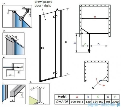 Radaway Fuenta New Dwj drzwi wnękowe 100cm prawe szkło przejrzyste 384014-01-01R