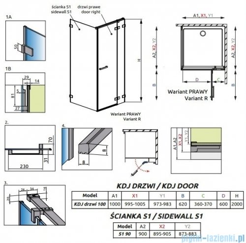 Radaway Euphoria KDJ Kabina prysznicowa 100x90 prawa szkło przejrzyste 383612-01R/383240-01R/383050-01