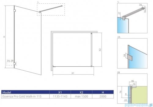 Radaway Essenza Pro Gold 115x200 kabina Walk-in złoty połysk/szkło przejrzyste 10103115-09-01