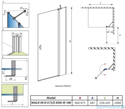 Radaway Nes KDD II Brushed Light Gold kabina walk-in 100cm prawa szczotkowane jasne złoto szkło przejrzyste 10031100-98-01R