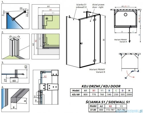 Radaway Essenza Gold Kdj+S kabina 80x80x80cm prawa złoty połysk szkło przejrzyste 1384051-01-01/1385021-09-01R/1384051-01-01