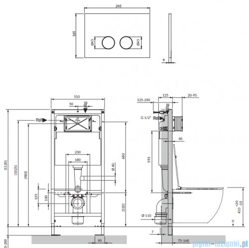 Omnires Eco Flush Set Strongframe stelaż podtynkowy do WC z eco spłukiwaniem + STEEL-R45 przycisk spłukujący złoty szczotkowany ze stali nierdzewnej STFWCECO1R45-RGLB