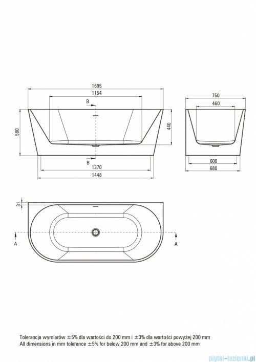 Deante SILIA Wanna akrylowa przyścienna wolnostojąca 170x75 cm KDS_017W