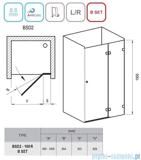 Ravak Brilliant BSD2 drzwi prysznicowe 100cm prawe transparent 0UPAAA00Z1