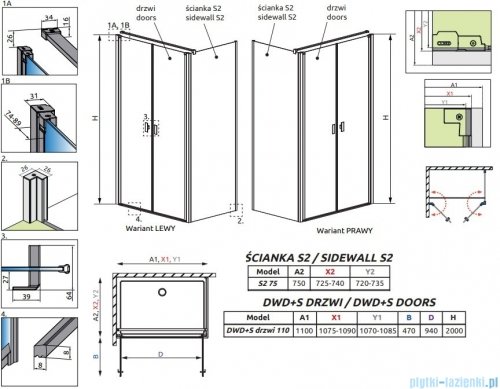 Radaway Nes Black DWD+S kabina 110x75cm czarny mat/szkło przejrzyste 10034110-54-01/10040075-54-01