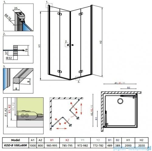 Radaway Fuenta New Kdd-B kabina 100x80cm szkło przejrzyste rysunek techniczny