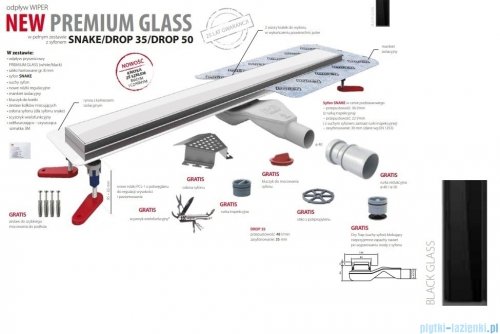 Wiper New Premium Black Glass Odpływ liniowy z kołnierzem 50 cm poler syfon snake 500.0383.01.050