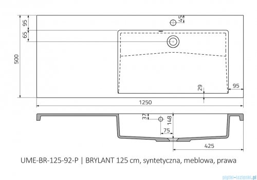 rysunek techniczny Oristo Brylant umywalka meblowa konglomeratowa prawa 125x50cm UME-BR-125-92-P