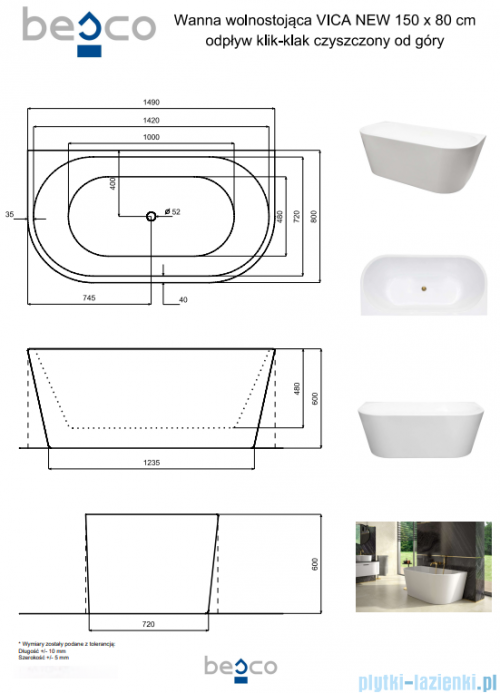 Besco Vica New wanna 150x80cm wolnostojąca przyścienna z odpływem klik-klak gun metal grafit #WAS-150VNGO