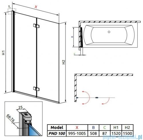 Radaway Fuenta New Pnd parawan nawannowy 100cm lewy szkło przejrzyste 208210-01L