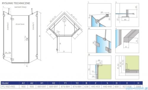 Radaway Essenza Pro Brushed Nickel Ptj kabina pięciokątna 90x90 lewa szczotkowany nikiel 10100000-91-01L/10100200-01-01