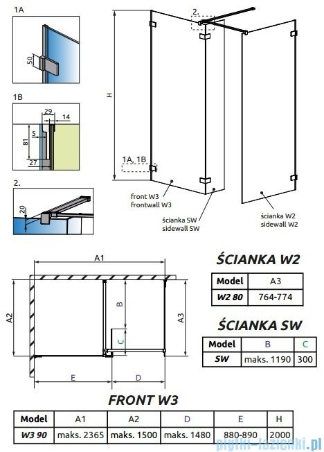 Radaway Euphoria Walk-in III kabina 90x80cm szkło przejrzyste 383131-01-01/383120-01-01/383160-01-01