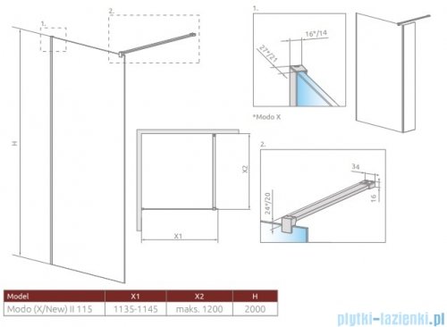 Radaway Modo X II kabina Walk-in 115x200 szkło przejrzyste 10mm 389315-01-01