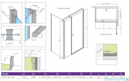 Radaway Eos KDS kabina prysznicowa 120x100 prawa szkło przejrzyste rysunek techniczny