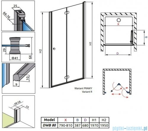 Radaway Eos DWB Drzwi wnękowe 80 prawe szkło intimato + brodzik Delos C + syfon 37813-01-12NR