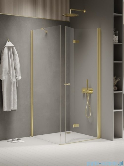 New Trendy New Soleo Light Gold 80x110x195 cm kabina lewa drzwi składane pojedyncze wspornik skośny złoty połysk/szkło przejrzyste  K-1905