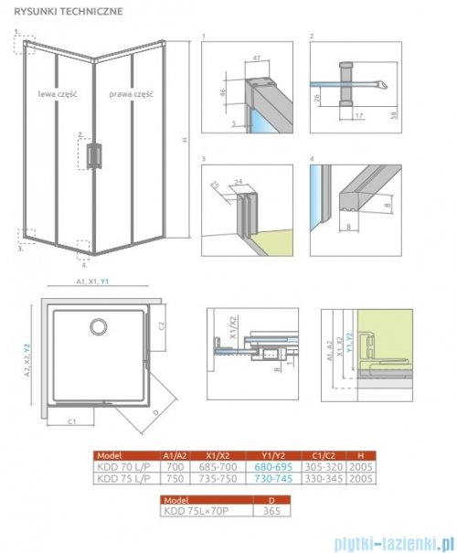 Radaway Idea Kdd Brushed Nickel kabina 75x70cm szczotkowany nikiel 387066-91-01L/387065-91-01R