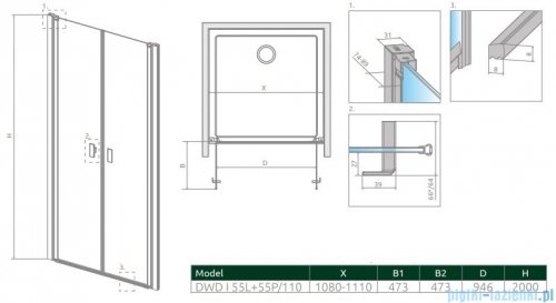 Radaway Nes 8 Dwd I drzwi wnękowe 110cm przejrzyste 10077055-01-01L/10077055-01-01R