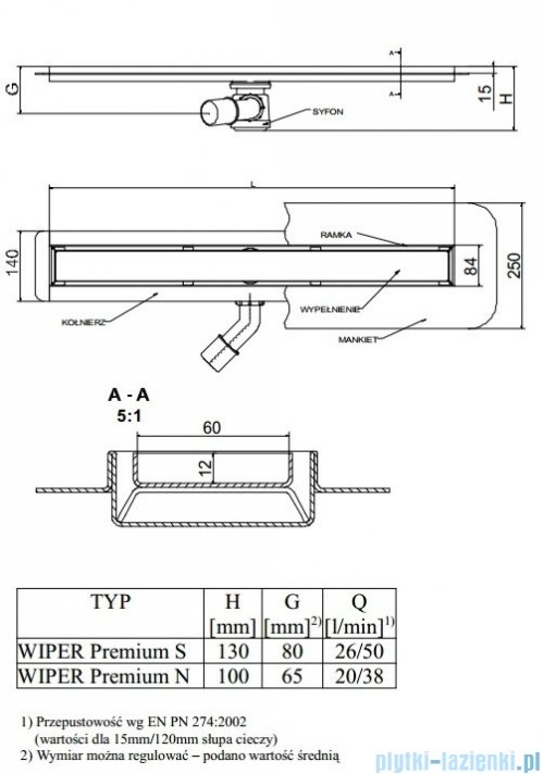 Wiper Odpływ liniowy Premium Mistral 60cm z kołnierzem mat M600MPS100