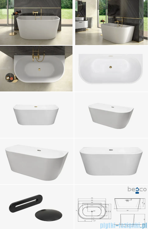 Besco Vica New wanna 160x80cm wolnostojąca przyścienna z przelewem szczelinowym slim syfon klik-klak czarny matt #WAS-160VNCZ