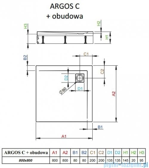 Radaway Brodzik kwadratowy Argos C 80x80x14,5 cm + nogi 4ACN88-02