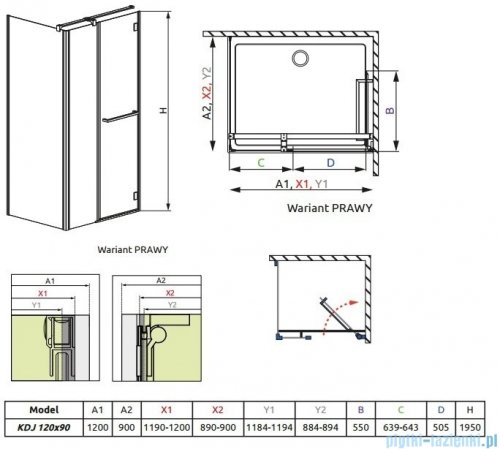 Radaway Carena Kdj Kabina prostokątna 120x90 prawa szkło przejrzyste 34443-01-01NR