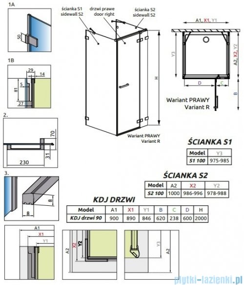 Radaway Euphoria KDJ+S Kabina przyścienna 100x90x100 prawa szkło przejrzyste 383612-01R/383221-01R/383052-01/383032-01