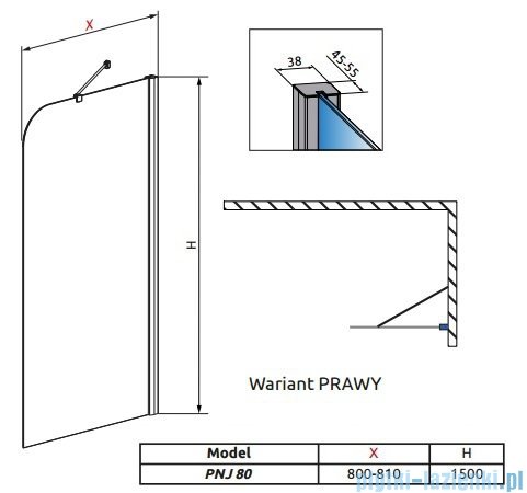 Radaway Torrenta PNJ Parawan nawannowy jednoczęściowy 80 prawy szkło przejrzyste 201101-101NR