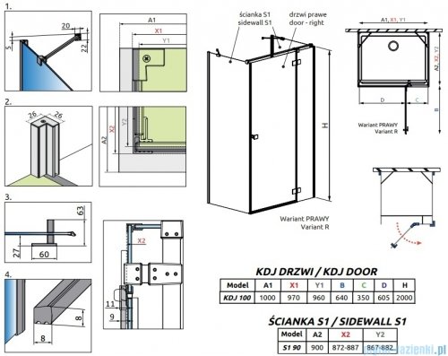 Radaway Essenza Brushed Nickel Kdj+S kabina 90x100x90cm prawa szczotkowany nikiel 1384050-01-01/1385022-91-01R/1384050-01-01