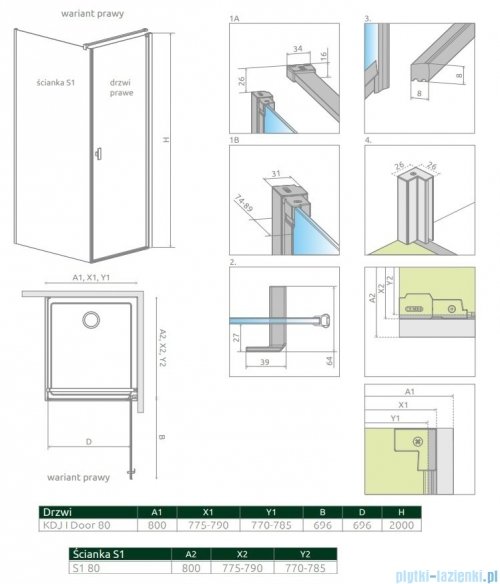 Radaway Nes Black Kdj I Frame kabina 80x80cm prawa 10022080-54-56R/10039080-54-56